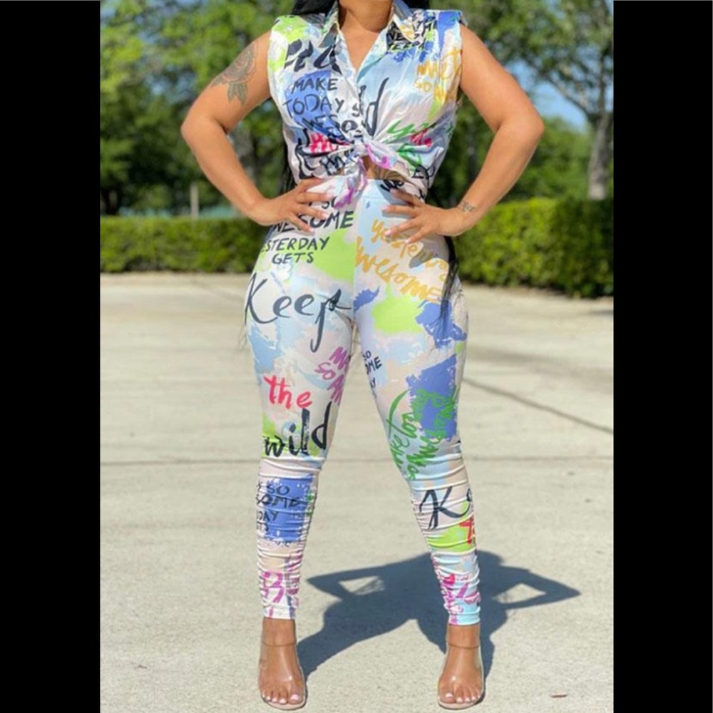 Graffiti Two Piece Spandex Pants Set-XL